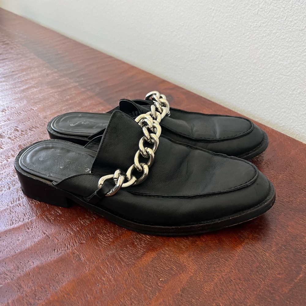 Free People Vida Black Leather Silver Chunky Link Chain Goth Grunge Mules Sz 38